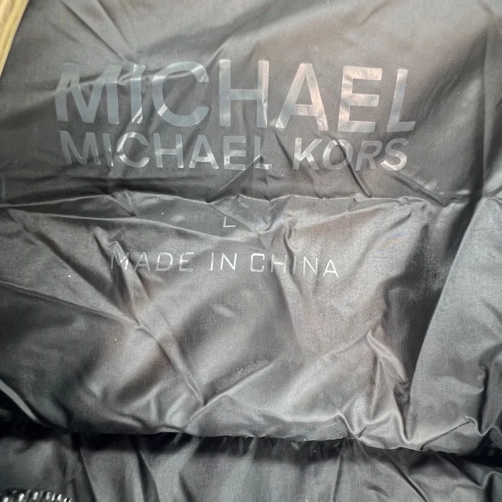 Michael Kors Womens Hybrid Puffer Jacket Black Gray Hooded‎ Thumbholes Large